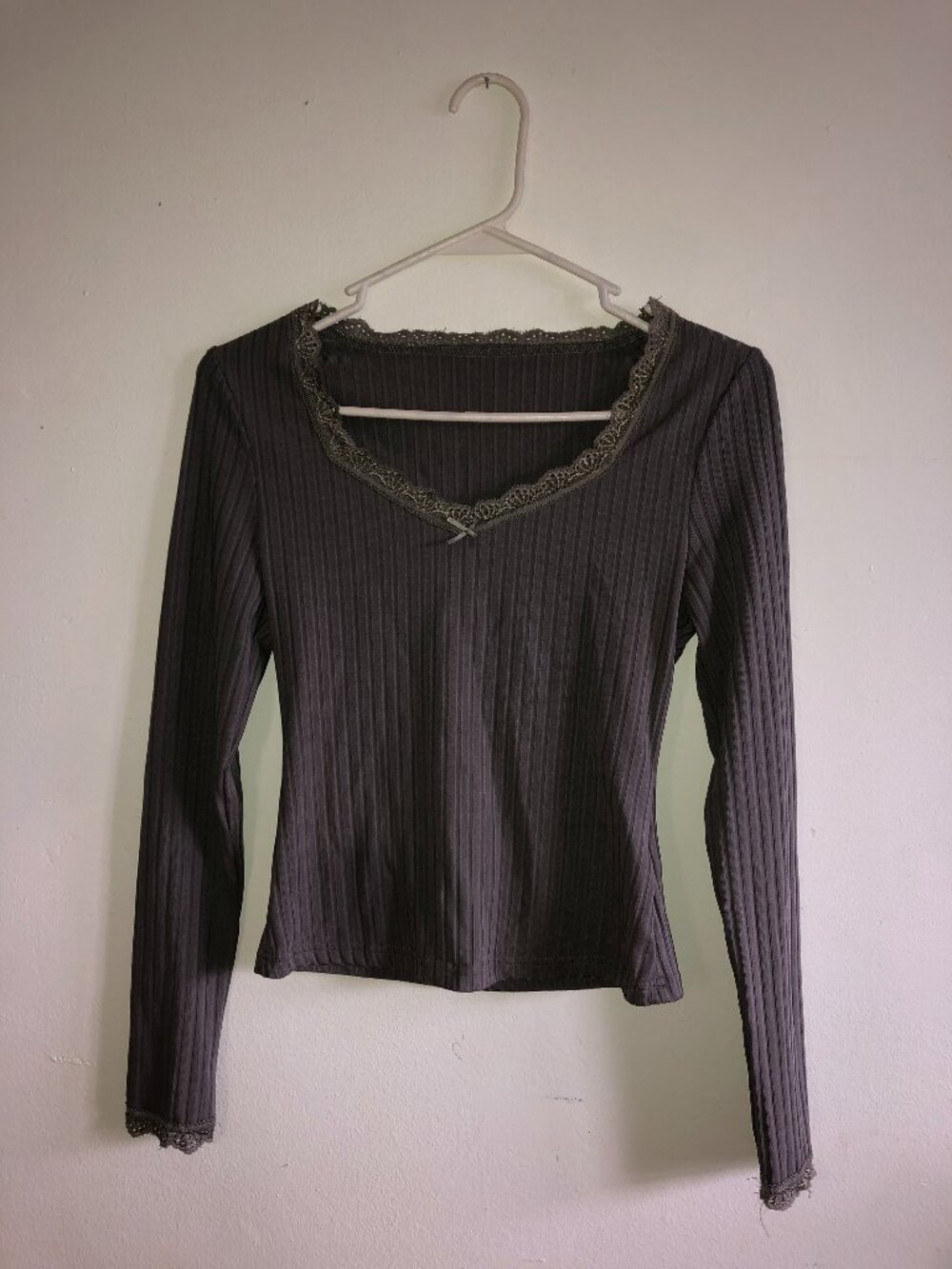 Womens Ribbed Long Sleeve Contrast Lace Gray Cami Small (4)